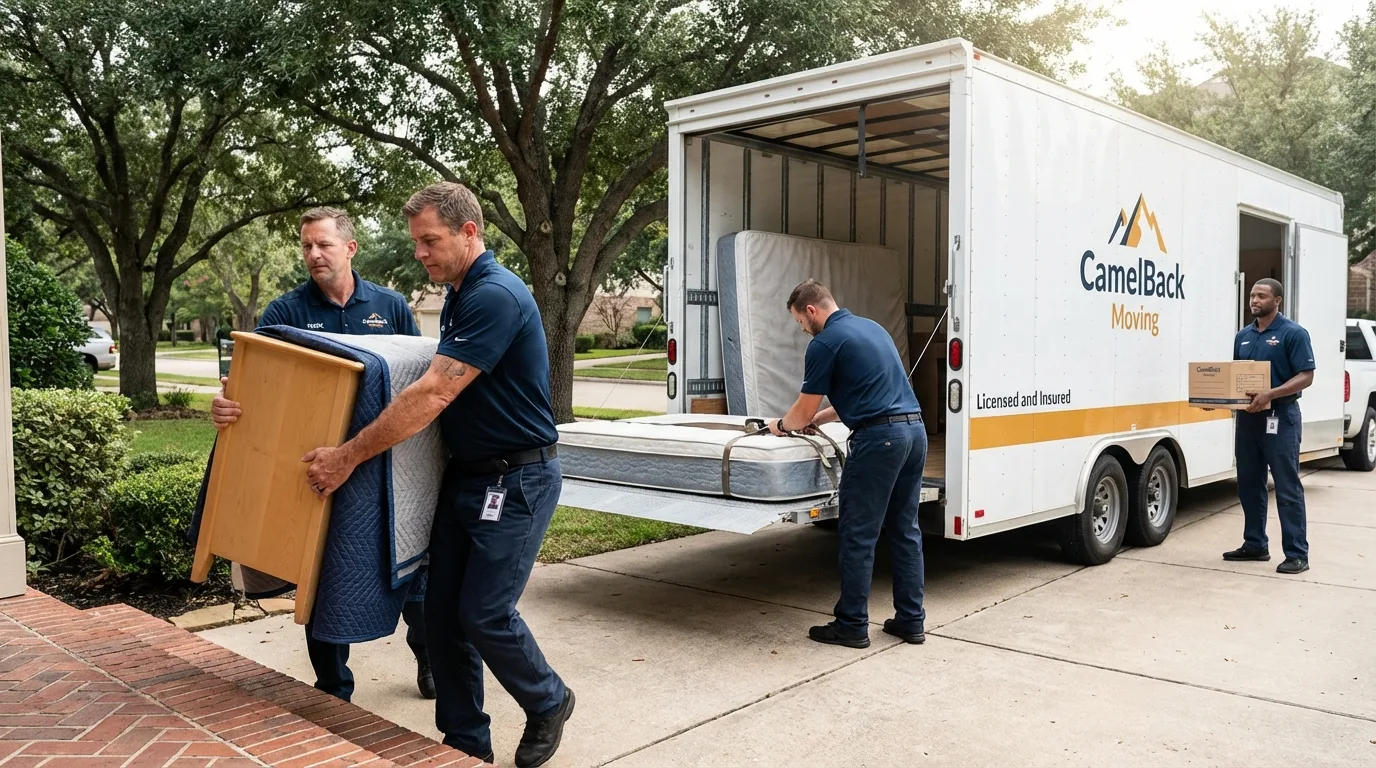 Crew loading residential truck for cross-state move from Plymouth, CT