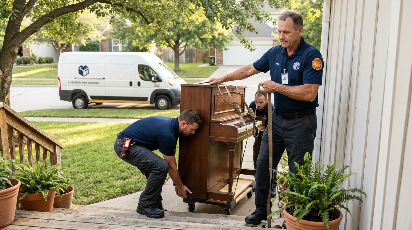 Licensed piano movers securing grand piano in Plymouth, CT