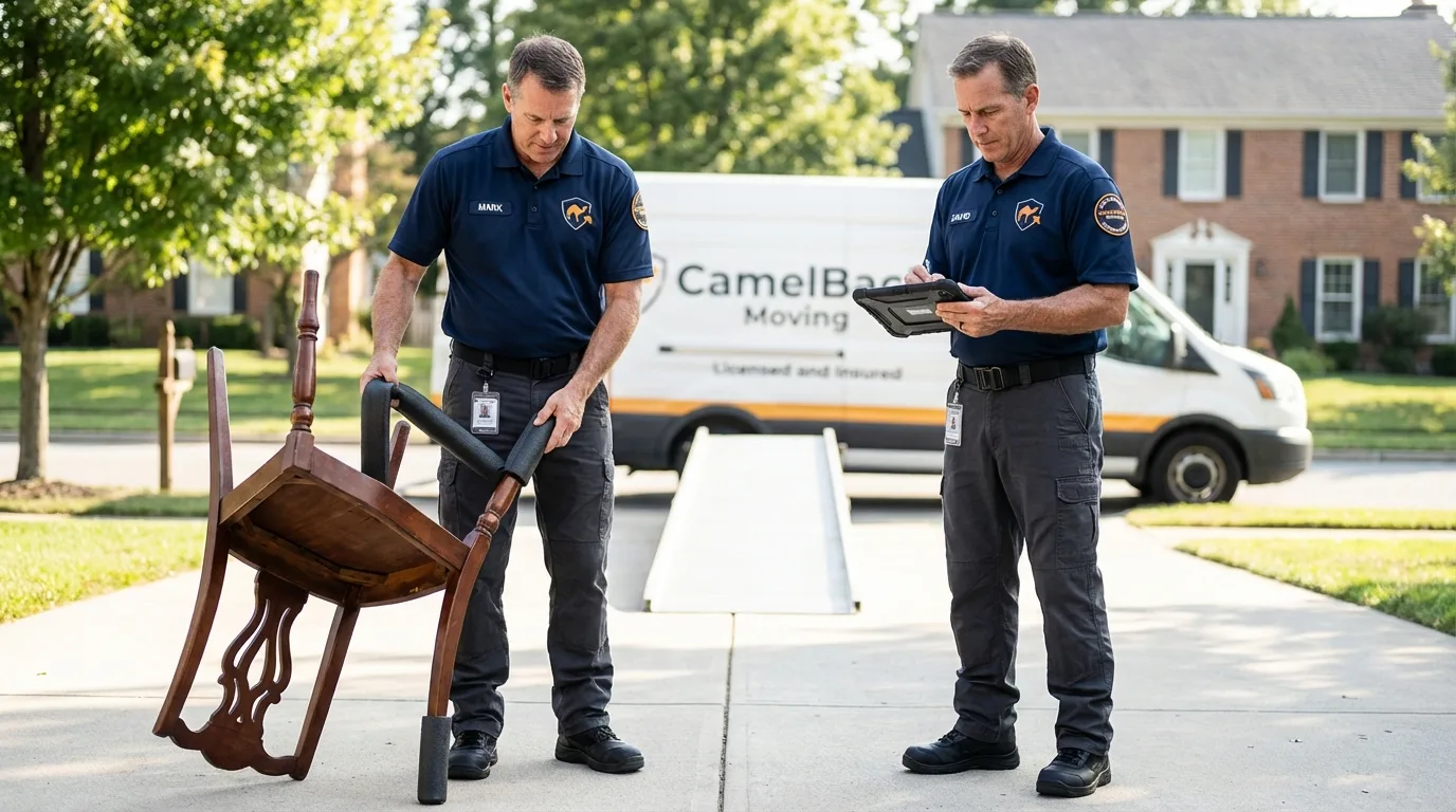 Movers inspecting furniture for damage prevention before loading in Plymouth, CT