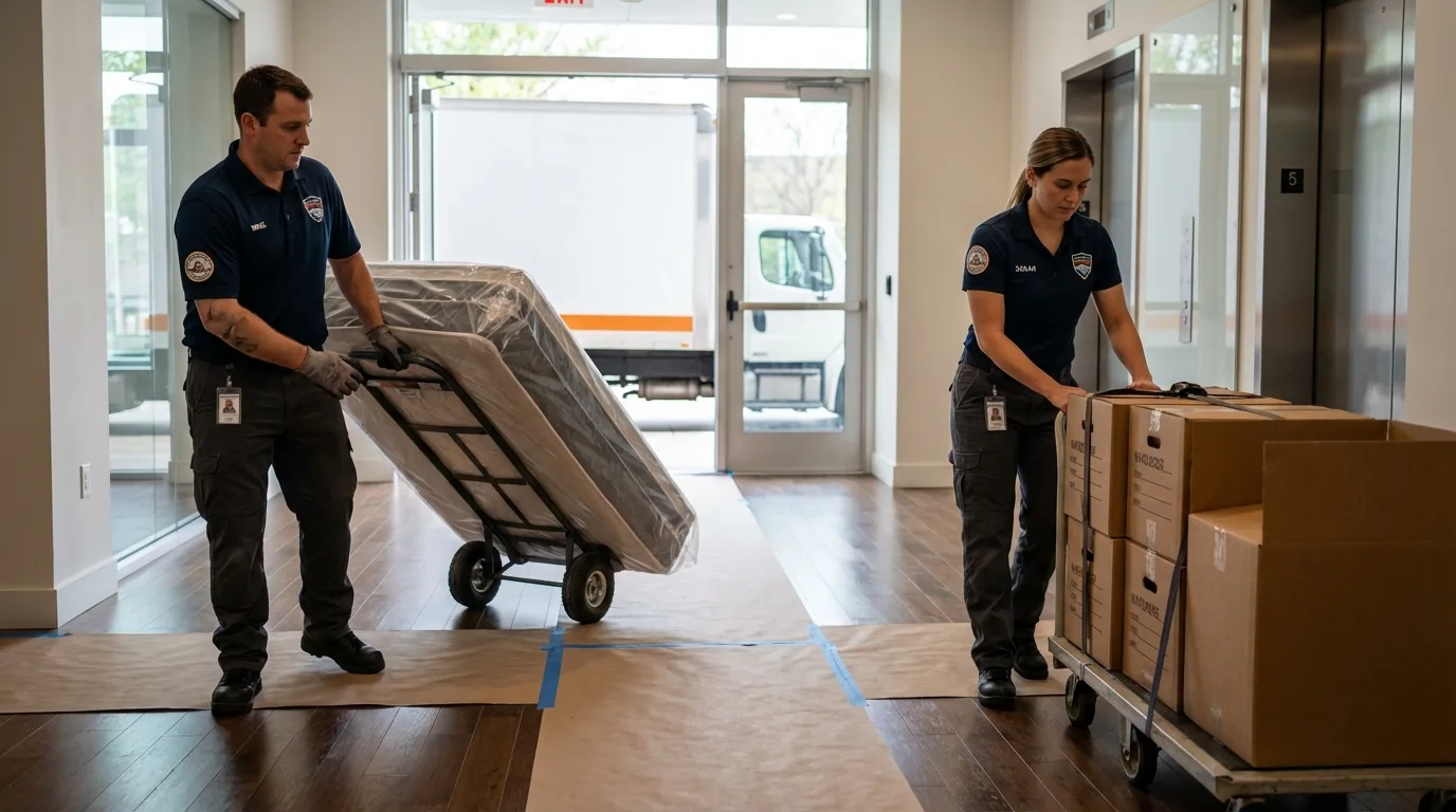 Professional apartment movers loading elevator in Plymouth, CT