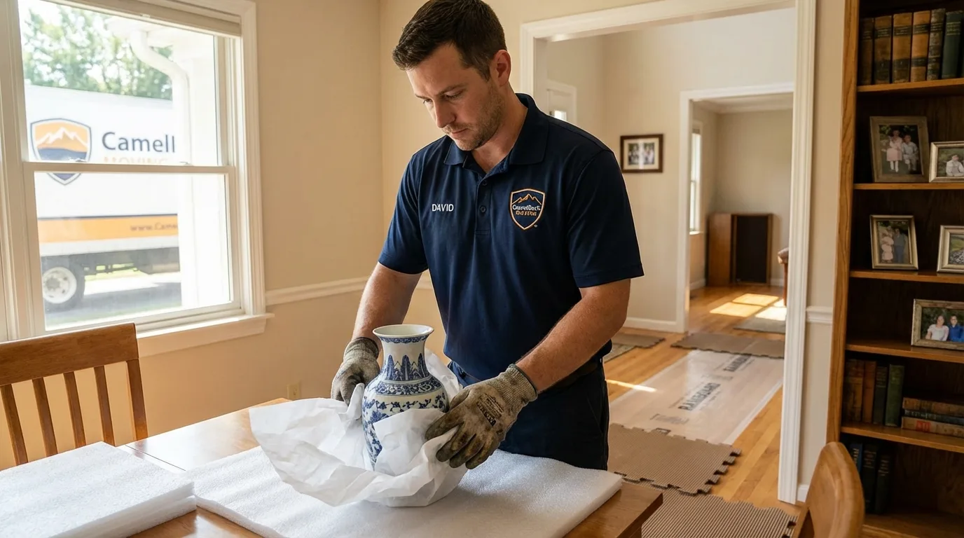 Professional crew carefully wrapping antique vase for senior downsizing move in Plymouth, CT