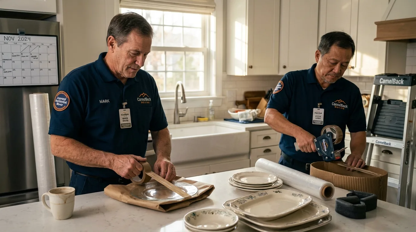 Professional crew packing kitchen dishware in Plymouth, CT
